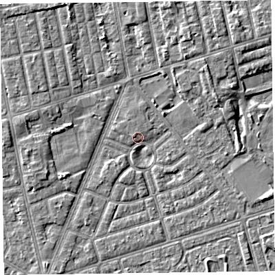 Shaded relief map of the ground around FY77EL, computed from Environment Agency LiDAR. The ground here sits at about 5 m above sea level and falls 4 m across the surrounding 800 m. Surface water reaching this point runs off ground lying to the north-north-west, 2.9 m higher.