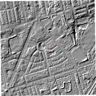 Shaded relief map of the ground around FY77EN, computed from Environment Agency LiDAR. The ground here sits at about 4 m above sea level and falls 4 m across the surrounding 800 m. Surface water reaching this point runs off ground lying to the north-north-east, 4.3 m higher.
