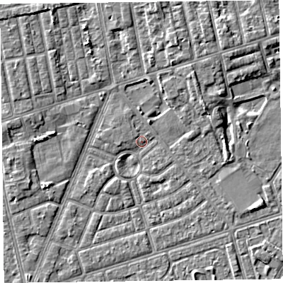 Shaded relief map of the ground around FY77EP, computed from Environment Agency LiDAR. The ground here sits at about 5 m above sea level and falls 4 m across the surrounding 800 m. Surface water reaching this point runs off ground lying to the north, 4.1 m higher.