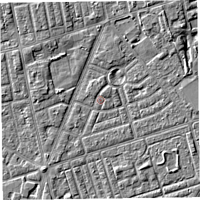 Shaded relief map of the ground around FY77EQ, computed from Environment Agency LiDAR. The ground here sits at about 5 m above sea level and falls 4 m across the surrounding 800 m. Surface water reaching this point runs off ground lying to the north-north-west, 0.8 m higher.