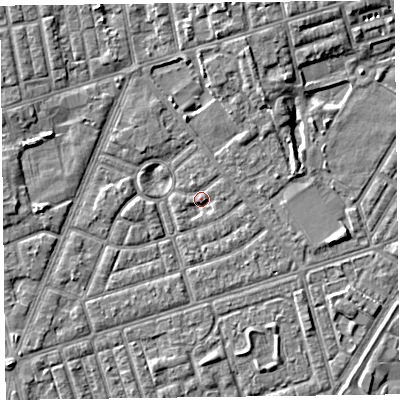 Shaded relief map of the ground around FY77ER, computed from Environment Agency LiDAR. The ground here sits at about 5 m above sea level and falls 4 m across the surrounding 800 m. Surface water reaching this point runs off ground lying to the east, 1.2 m higher.