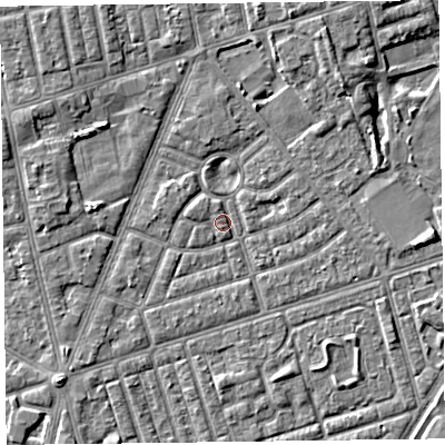 Shaded relief map of the ground around FY77ES, computed from Environment Agency LiDAR. The ground here sits at about 5 m above sea level and falls 4 m across the surrounding 800 m. Surface water reaching this point runs off ground lying to the south-west, 1.5 m higher.