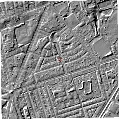 Shaded relief map of the ground around FY77ET, computed from Environment Agency LiDAR. The ground here sits at about 4 m above sea level and falls 4 m across the surrounding 800 m. Surface water reaching this point runs off ground lying to the south-west, 1.0 m higher.