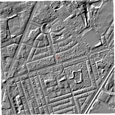 Shaded relief map of the ground around FY77EU, computed from Environment Agency LiDAR. The ground here sits at about 5 m above sea level and falls 4 m across the surrounding 800 m. Surface water reaching this point runs off ground lying to the north-north-east, 3.6 m higher.