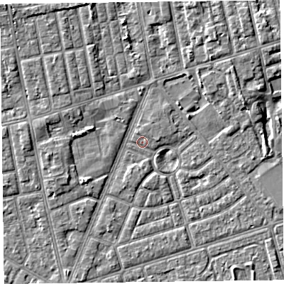 Shaded relief map of the ground around FY77EW, computed from Environment Agency LiDAR. The ground here sits at about 5 m above sea level and falls 4 m across the surrounding 800 m. Surface water reaching this point runs off ground lying to the north-north-west, 2.8 m higher.
