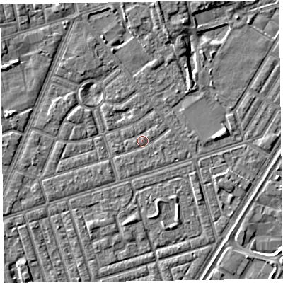 Shaded relief map of the ground around FY77EX, computed from Environment Agency LiDAR. The ground here sits at about 5 m above sea level and falls 4 m across the surrounding 800 m. Surface water reaching this point runs off ground lying to the east, 0.6 m higher.