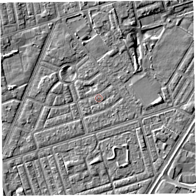 Shaded relief map of the ground around FY77EY, computed from Environment Agency LiDAR. The ground here sits at about 5 m above sea level and falls 4 m across the surrounding 800 m. Surface water reaching this point runs off ground lying to the north-north-east, 2.8 m higher.