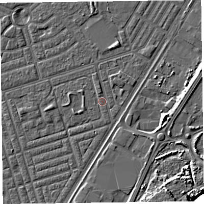 Shaded relief map of the ground around FY77EZ, computed from Environment Agency LiDAR. The ground here sits at about 5 m above sea level and falls 12 m across the surrounding 800 m. The ground contributing surface water to this point lies to the north-west.