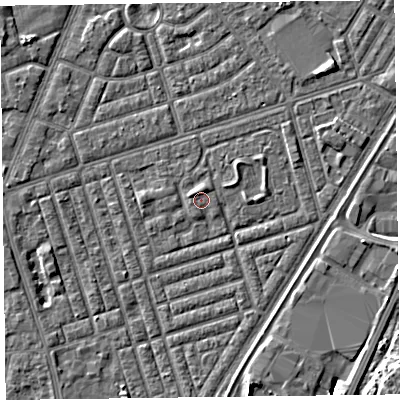 Shaded relief map of the ground around FY77FA, computed from Environment Agency LiDAR. The ground here sits at about 5 m above sea level and falls 6 m across the surrounding 800 m. Surface water reaching this point runs off ground lying to the north, 1.1 m higher.