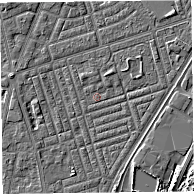 Shaded relief map of the ground around FY77FB, computed from Environment Agency LiDAR. The ground here sits at about 5 m above sea level and falls 5 m across the surrounding 800 m. Surface water reaching this point runs off ground lying to the north-north-east, 1.4 m higher.