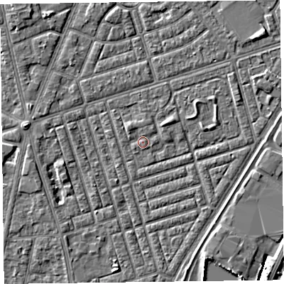 Shaded relief map of the ground around FY77FD, computed from Environment Agency LiDAR. The ground here sits at about 5 m above sea level and falls 4 m across the surrounding 800 m. Surface water reaching this point runs off ground lying to the north-west, 1.1 m higher.