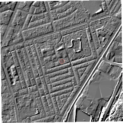 Shaded relief map of the ground around FY77FE, computed from Environment Agency LiDAR. The ground here sits at about 4 m above sea level and falls 6 m across the surrounding 800 m. Surface water reaching this point runs off ground lying to the west-south-west, 2.0 m higher.