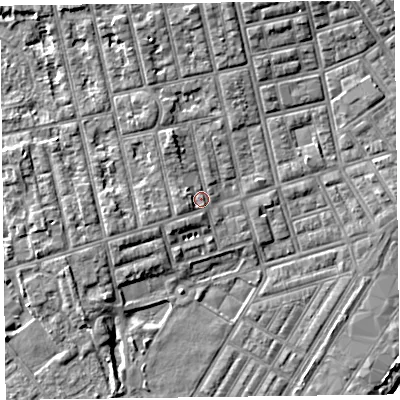 Shaded relief map of the ground around FY77FG, computed from Environment Agency LiDAR. The ground here sits at about 5 m above sea level and falls 6 m across the surrounding 800 m. Surface water reaching this point runs off ground lying to the north-north-west, 2.4 m higher.