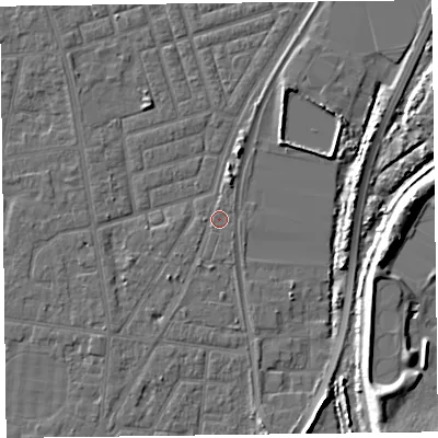 Shaded relief map of the ground around FY77FY, computed from Environment Agency LiDAR. The ground here sits at about 5 m above sea level and falls 11 m across the surrounding 800 m. Surface water reaching this point runs off ground lying to the south-west, 1.7 m higher.