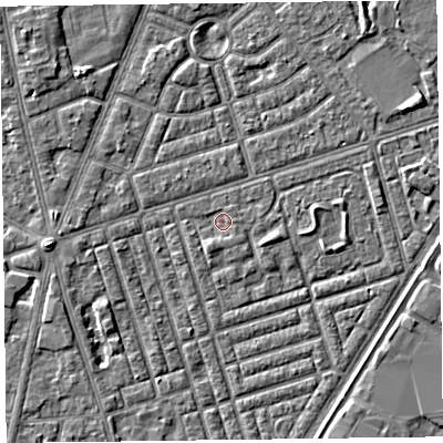 Shaded relief map of the ground around FY77GA, computed from Environment Agency LiDAR. The ground here sits at about 4 m above sea level and falls 4 m across the surrounding 800 m. Surface water reaching this point runs off ground lying to the south-south-west, 1.3 m higher.