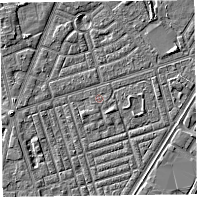 Shaded relief map of the ground around FY77GB, computed from Environment Agency LiDAR. The ground here sits at about 5 m above sea level and falls 4 m across the surrounding 800 m. Surface water reaching this point runs off ground lying to the west, 0.5 m higher.