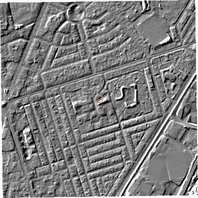Shaded relief map of the ground around FY77GD, computed from Environment Agency LiDAR. The ground here sits at about 5 m above sea level and falls 6 m across the surrounding 800 m. Surface water reaching this point runs off ground lying to the east-south-east, 1.3 m higher.