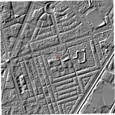 Shaded relief map of the ground around FY77GE, computed from Environment Agency LiDAR. The ground here sits at about 5 m above sea level and falls 4 m across the surrounding 800 m. Surface water reaching this point runs off ground lying to the south-south-east, 0.8 m higher.
