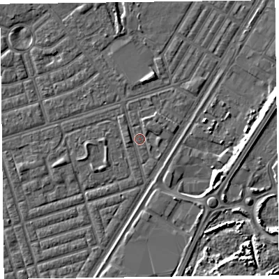 Shaded relief map of the ground around FY77HA, computed from Environment Agency LiDAR. The ground here sits at about 5 m above sea level and falls 7 m across the surrounding 800 m. Surface water reaching this point runs off ground lying to the west-north-west, 1.2 m higher.