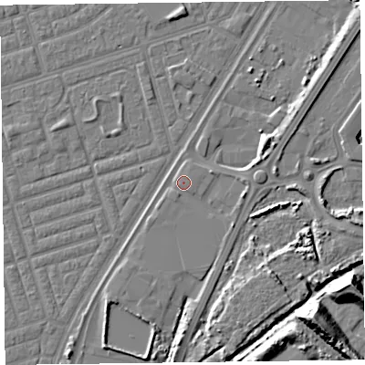 Shaded relief map of the ground around FY77HB, computed from Environment Agency LiDAR. The ground here sits at about 6 m above sea level and falls 16 m across the surrounding 800 m. Surface water reaching this point runs off ground lying to the south-east, 5.4 m higher.