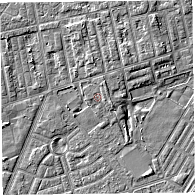 Shaded relief map of the ground around FY77HD, computed from Environment Agency LiDAR. The ground here sits at about 6 m above sea level and falls 4 m across the surrounding 800 m. Surface water reaching this point runs off ground lying to the north-north-east, 1.7 m higher.