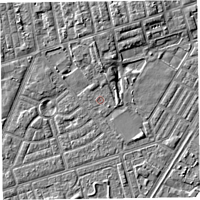 Shaded relief map of the ground around FY77HE, computed from Environment Agency LiDAR. The ground here sits at about 5 m above sea level and falls 4 m across the surrounding 800 m. Surface water reaching this point runs off ground lying to the north, 2.8 m higher.