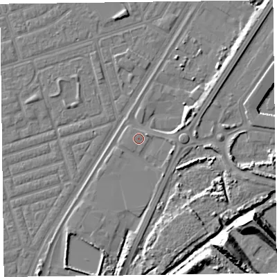 Shaded relief map of the ground around FY77HP, computed from Environment Agency LiDAR. The ground here sits at about 6 m above sea level and falls 16 m across the surrounding 800 m. The ground contributing surface water to this point lies to the west.