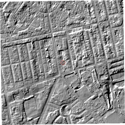Shaded relief map of the ground around FY77JW, computed from Environment Agency LiDAR. The ground here sits at about 5 m above sea level and falls 4 m across the surrounding 800 m. Surface water reaching this point runs off ground lying to the north, 2.0 m higher.