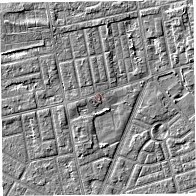 Shaded relief map of the ground around FY77JY, computed from Environment Agency LiDAR. The ground here sits at about 6 m above sea level and falls 5 m across the surrounding 800 m. Surface water reaching this point runs off ground lying to the west, 0.6 m higher.