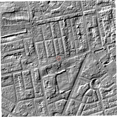 Shaded relief map of the ground around FY77JZ, computed from Environment Agency LiDAR. The ground here sits at about 6 m above sea level and falls 5 m across the surrounding 800 m. Surface water reaching this point runs off ground lying to the north-north-west, 1.3 m higher.