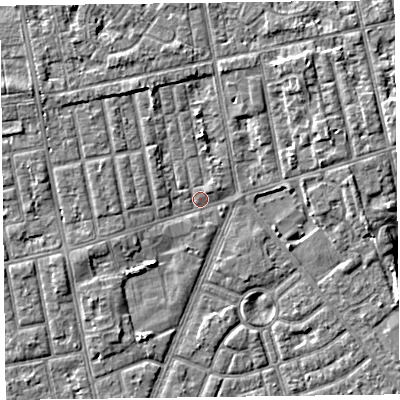 Shaded relief map of the ground around FY77LA, computed from Environment Agency LiDAR. The ground here sits at about 5 m above sea level and falls 4 m across the surrounding 800 m. Surface water reaching this point runs off ground lying to the north-north-west, 2.4 m higher.