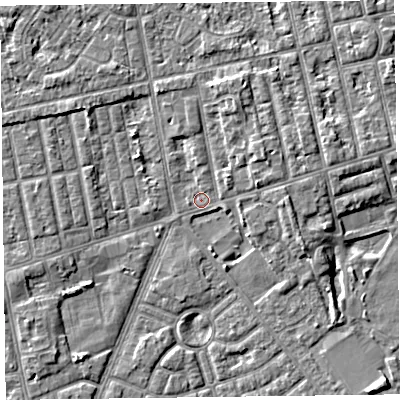 Shaded relief map of the ground around FY77LB, computed from Environment Agency LiDAR. The ground here sits at about 5 m above sea level and falls 4 m across the surrounding 800 m. Surface water reaching this point runs off ground lying to the north-north-east, 3.2 m higher.