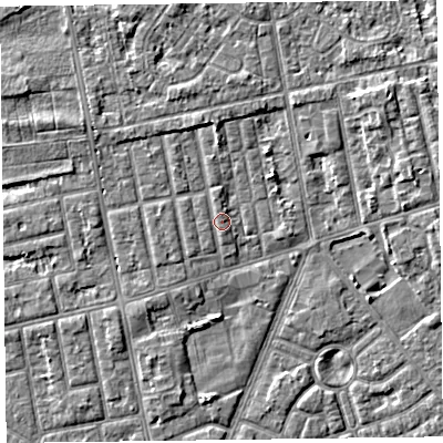Shaded relief map of the ground around FY77LF, computed from Environment Agency LiDAR. The ground here sits at about 6 m above sea level and falls 4 m across the surrounding 800 m. The ground contributing surface water to this point lies to the west-north-west.