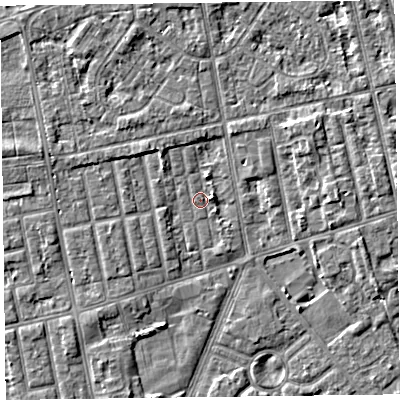 Shaded relief map of the ground around FY77LH, computed from Environment Agency LiDAR. The ground here sits at about 5 m above sea level and falls 4 m across the surrounding 800 m. Surface water reaching this point runs off ground lying to the north-north-west, 1.3 m higher.