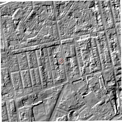 Shaded relief map of the ground around FY77LJ, computed from Environment Agency LiDAR. The ground here sits at about 5 m above sea level and falls 4 m across the surrounding 800 m. Surface water reaching this point runs off ground lying to the north-north-west, 2.5 m higher.