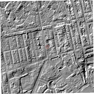 Shaded relief map of the ground around FY77LL, computed from Environment Agency LiDAR. The ground here sits at about 5 m above sea level and falls 4 m across the surrounding 800 m. Surface water reaching this point runs off ground lying to the north-north-west, 2.9 m higher.