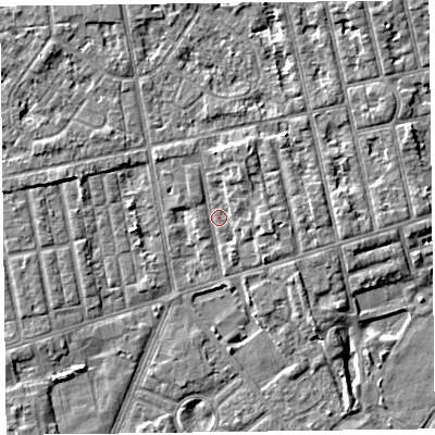 Shaded relief map of the ground around FY77LN, computed from Environment Agency LiDAR. The ground here sits at about 6 m above sea level and falls 4 m across the surrounding 800 m. Surface water reaching this point runs off ground lying to the north-north-east, 2.1 m higher.