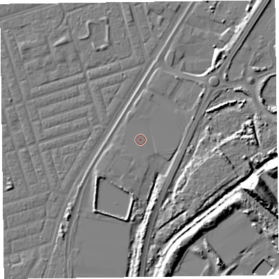 Shaded relief map of the ground around FY77LP, computed from Environment Agency LiDAR. The ground here sits at about 5 m above sea level and falls 15 m across the surrounding 800 m. The ground contributing surface water to this point lies to the south.