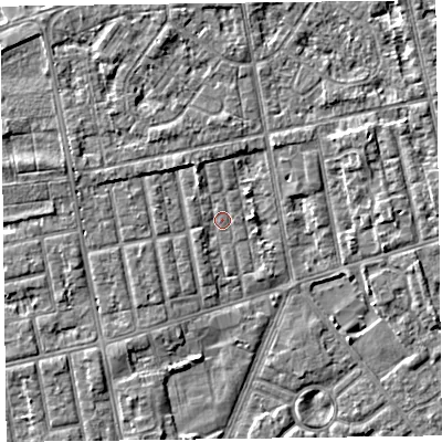 Shaded relief map of the ground around FY77LQ, computed from Environment Agency LiDAR. The ground here sits at about 5 m above sea level and falls 4 m across the surrounding 800 m. Surface water reaching this point runs off ground lying to the north-north-west, 1.7 m higher.