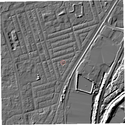 Shaded relief map of the ground around FY77LR, computed from Environment Agency LiDAR. The ground here sits at about 5 m above sea level and falls 10 m across the surrounding 800 m. Surface water reaching this point runs off ground lying to the south, 3.0 m higher.