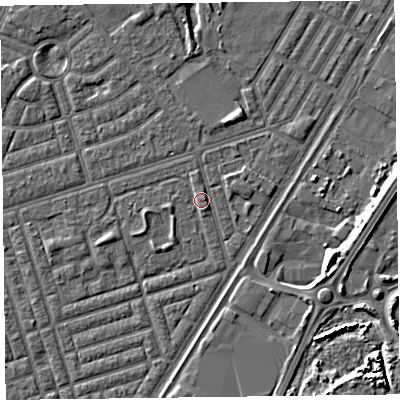 Shaded relief map of the ground around FY77LS, computed from Environment Agency LiDAR. The ground here sits at about 5 m above sea level and falls 6 m across the surrounding 800 m. Surface water reaching this point runs off ground lying to the east, 1.2 m higher.