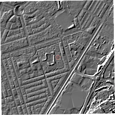 Shaded relief map of the ground around FY77LT, computed from Environment Agency LiDAR. The ground here sits at about 5 m above sea level and falls 7 m across the surrounding 800 m. Surface water reaching this point runs off ground lying to the north-east, 0.9 m higher.