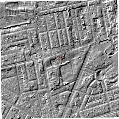 Shaded relief map of the ground around FY77LW, computed from Environment Agency LiDAR. The ground here sits at about 6 m above sea level and falls 5 m across the surrounding 800 m. Surface water reaching this point runs off ground lying to the north-north-west, 1.1 m higher.
