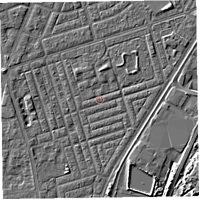Shaded relief map of the ground around FY77LX, computed from Environment Agency LiDAR. The ground here sits at about 5 m above sea level and falls 5 m across the surrounding 800 m. Surface water reaching this point runs off ground lying to the west-north-west, 2.9 m higher.