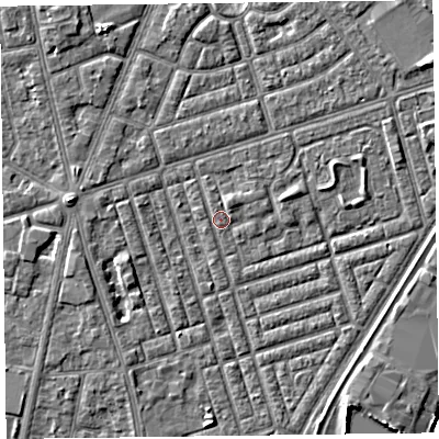 Shaded relief map of the ground around FY77LY, computed from Environment Agency LiDAR. The ground here sits at about 5 m above sea level and falls 4 m across the surrounding 800 m. Surface water reaching this point runs off ground lying to the north-north-west, 0.5 m higher.