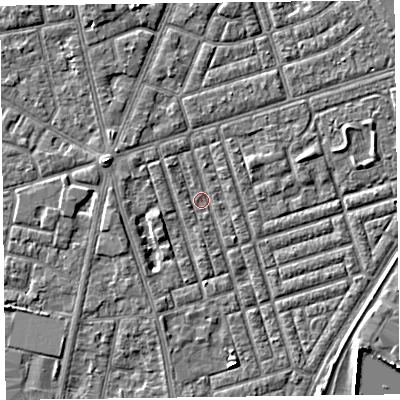 Shaded relief map of the ground around FY77LZ, computed from Environment Agency LiDAR. The ground here sits at about 4 m above sea level and falls 3 m across the surrounding 800 m. Surface water reaching this point runs off ground lying to the south-south-east, 0.8 m higher.