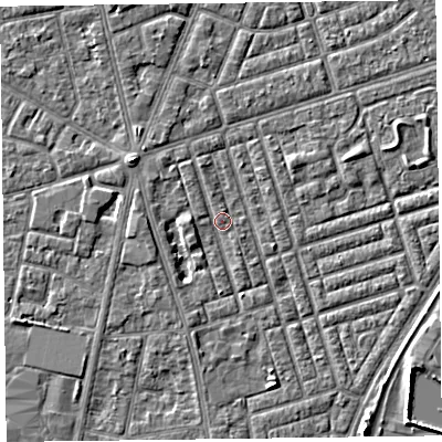 Shaded relief map of the ground around FY77NA, computed from Environment Agency LiDAR. The ground here sits at about 5 m above sea level and falls 4 m across the surrounding 800 m. Surface water reaching this point runs off ground lying to the north-west, 0.8 m higher.