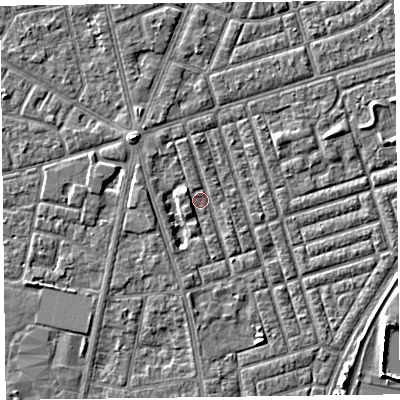 Shaded relief map of the ground around FY77NB, computed from Environment Agency LiDAR. The ground here sits at about 5 m above sea level and falls 4 m across the surrounding 800 m. Surface water reaching this point runs off ground lying to the west, 2.1 m higher.