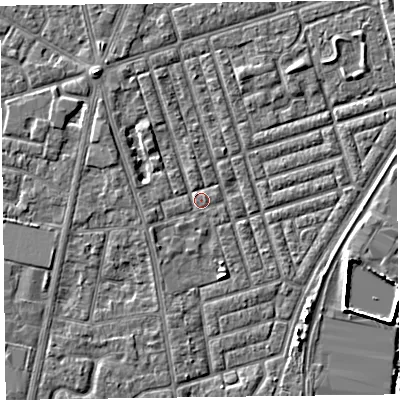 Shaded relief map of the ground around FY77ND, computed from Environment Agency LiDAR. The ground here sits at about 5 m above sea level and falls 4 m across the surrounding 800 m. Surface water reaching this point runs off ground lying to the north-west, 2.1 m higher.