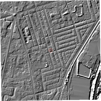 Shaded relief map of the ground around FY77NE, computed from Environment Agency LiDAR. The ground here sits at about 5 m above sea level and falls 7 m across the surrounding 800 m. Surface water reaching this point runs off ground lying to the south-south-east, 3.2 m higher.
